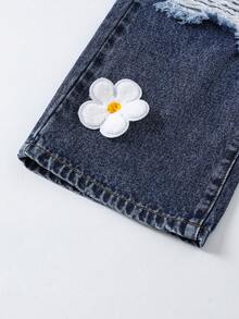 SHEIN 少女时尚口袋纽扣贴花做旧阔腿牛仔裤，适合日常外出、上学、聚会、居家、返校季穿着。 - 中等水洗藍 - 查看 4