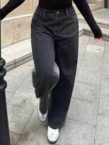 Dazy Plus 大码女式复古撞色水洗宽松直筒百搭牛仔裤，四季皆宜 - 灰色 - 查看 4