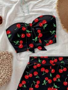 Soleia 女士樱桃印花休闲抹胸上衣和短裤两件套，夏季 - 黑色 - 查看 3