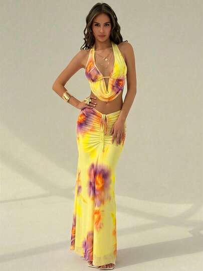 Aloruh Damen sexy Blumen-Muster rückenfrei Trägertop und Rock 2-teiliges Set, Sommer