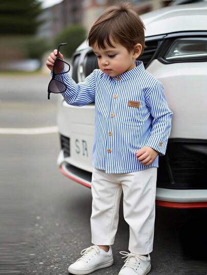 2pcs Baby Boys Gentleman Style Outfit, Striped Shirt + White Suit Pants, Suitable For Birthday Party, Formal Occasion, Performance, Wedding, Christening, New Year, Children Clothing, Baby Boy Outfit, Baby Boy Set, Infant Boy Suit Baby Boy Blue Striped Shirt