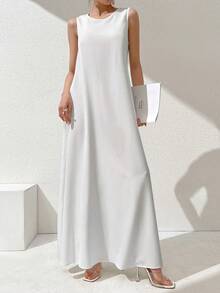 Al Najma Women's Solid Color Minimalist Casual Crew Neck Sleeveless Arabic Style Dress, 2pcs/Set, Under Abaya Inner Dress, Maxi Tank Dress, Essential Basic Long Dress - Black and White - View 6