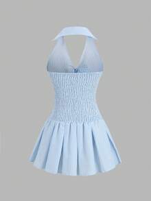 Sweetra Đầm mini dáng chữ A không tay xếp ly, cổ bẻ, kẻ sọc dành cho nữ - Xanh và trắng - Xem 2