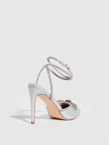 CUCCOO SZL Women's Rhinestone Bow Ankle Strap Stiletto High Heels Pointed Toe Sexy Low Vamp Shoes Bridal Banquet Ball Dress Shoes Christmas Valentine's Day Wear Valentine's Day - Silver - View 3