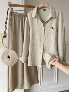 SHEIN EZwear 女士杏色梭织刺绣骑士长袖衬衫和裤子休闲套装