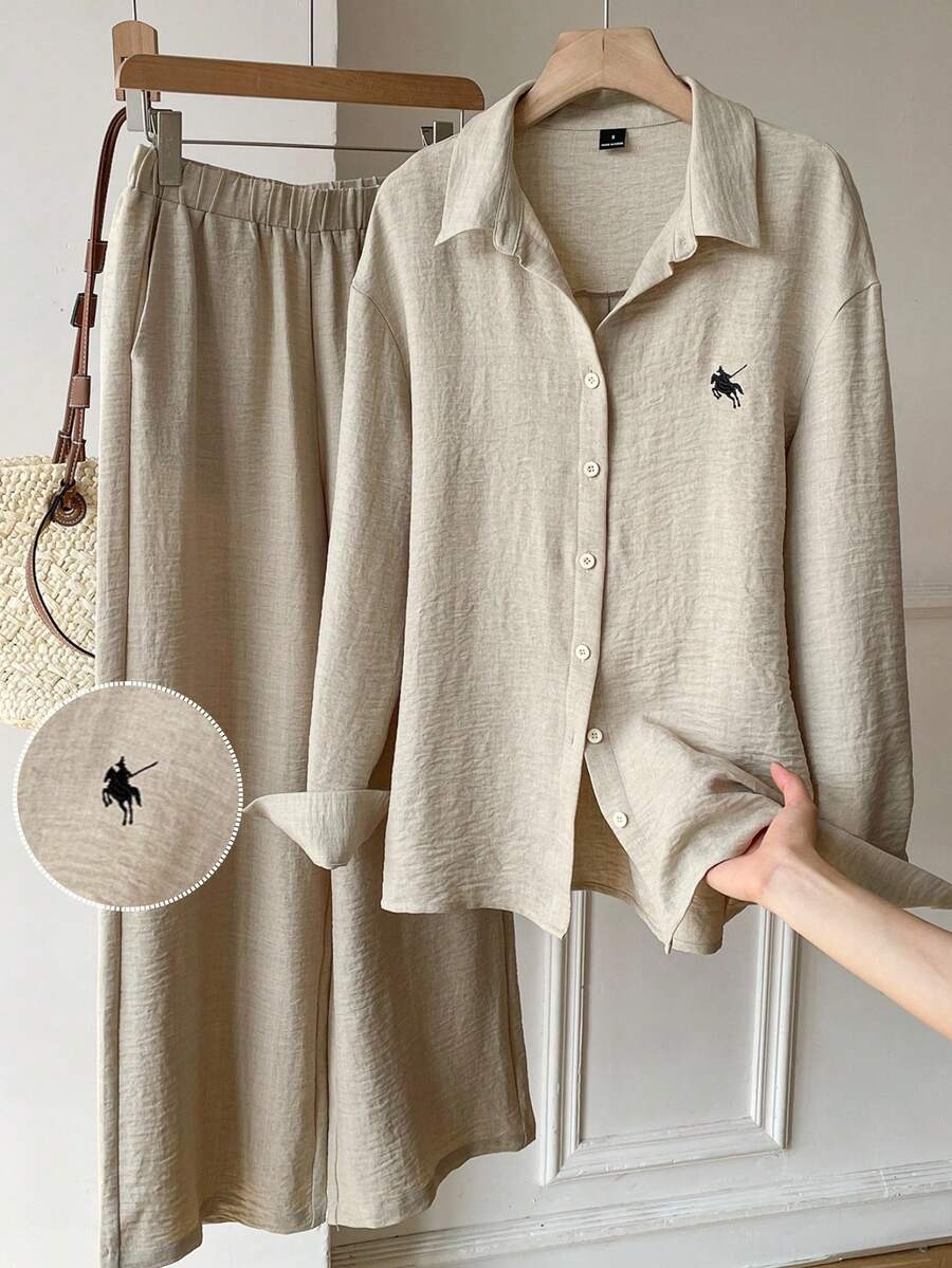 SHEIN EZwear 女士杏色梭织刺绣骑士长袖衬衫和裤子休闲套装