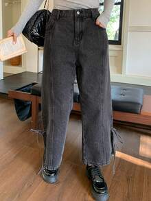 Dazy Plus Quần jeans nữ cỡ lớn thời trang, kiểu dáng vintage, xẻ tà, ôm sát mắt cá chân, phối nhiều mảng màu và nơ, thích hợp mặc cả bốn mùa. - Màu xám đen - Xem 9