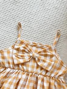 SHEIN Vintaside Kids 女童时尚优雅可爱休闲纯红色无袖中长连衣裙，舒适梭织面料，饰有3D超大蝴蝶结，春夏新品，适合生日派对、日常穿着、户外活动和度假。 - 黃色 - 查看 7