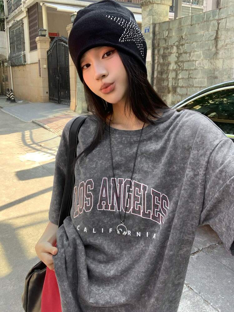 Women's Casual Letter Print Dropped Shoulder Loose T-Shirt, Summer