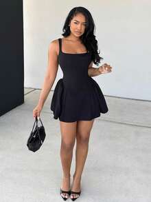 Alexandranx 女式纯黑色圣诞节/约会/派对迷你 A 字型泡泡袖方领性感优雅褶饰溜冰裙，秋冬 - 黑色 - 查看 4