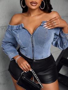 Jeanoix Plus Size Casual Everyday Washed Zip Off Shoulder Denim Top - Light Wash - View 1