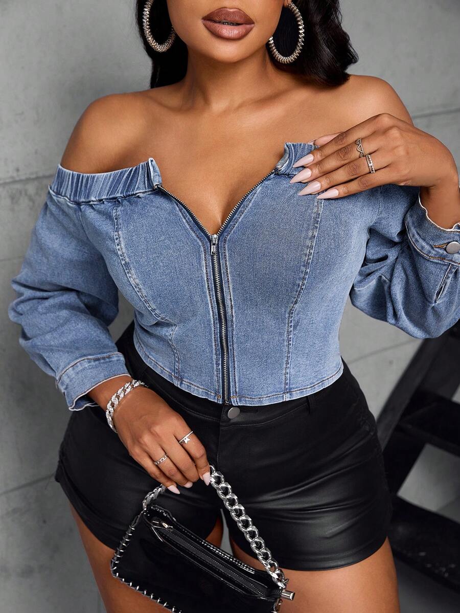 Jeanoix Plus Size Casual Everyday Washed Zip Off Shoulder Denim Top - Light Wash - View 1