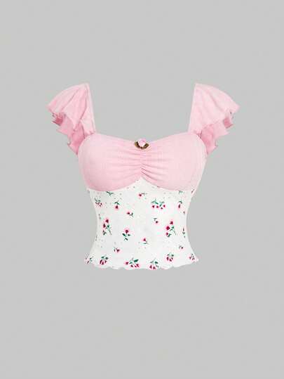 Sweetness Pastoral Style Knit Patchwork Floral Sweet Casual Blouse For Women