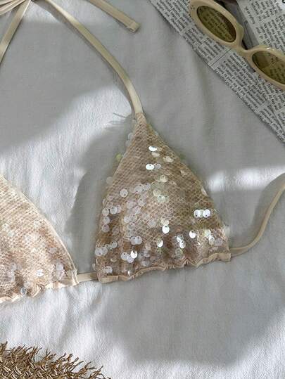 Swim SXY Sequin Textured Halter Triangle Cup Bikini Top, Sexy Women Swimwear Separates For Spring/Summer Vacation