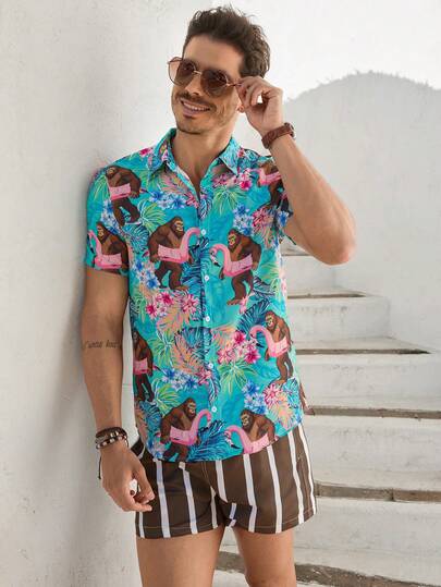 VIVINTIMO 男款動物圖案簡約日常短袖襯衫，圖形多彩水鴛鴦假期搞笑短袖襯衫