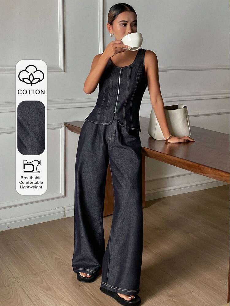 Women's Fitted Sleeveless Top With Seam Detail And Casual Jeans Pants Set