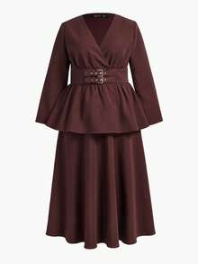 ZEYLAH 优雅 X 形 V 领上衣和喇叭形中长裙两件套 - 酒紅色 - 查看 1