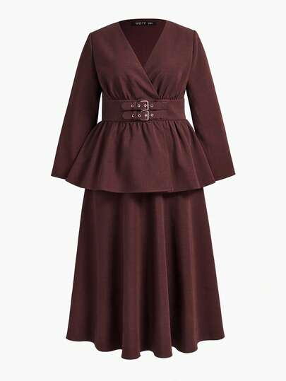 ZEYLAH 优雅 X 形 V 领上衣和喇叭形中长裙两件套