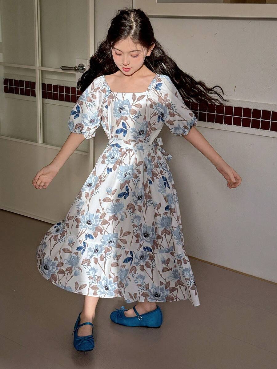 Dazy Kids 少女碎花印花优雅派对连衣裙 - 藍色 - 查看 1