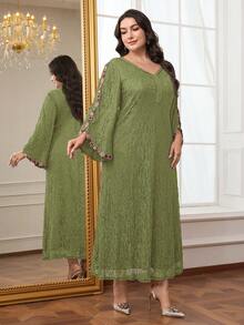 Al Najma Plus Size Women's Lace Decorated Elegant Arabic Style Dress - Green - View 5