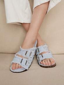 Solecia Giày đế bằng mũi tròn tua rua đính đá lấp lánh cho nữ, giày đế bằng thoải mái, thời trang thường ngày/tiệc tùng/đi làm, đa năng - Màu xanh nhạt - Xem 7