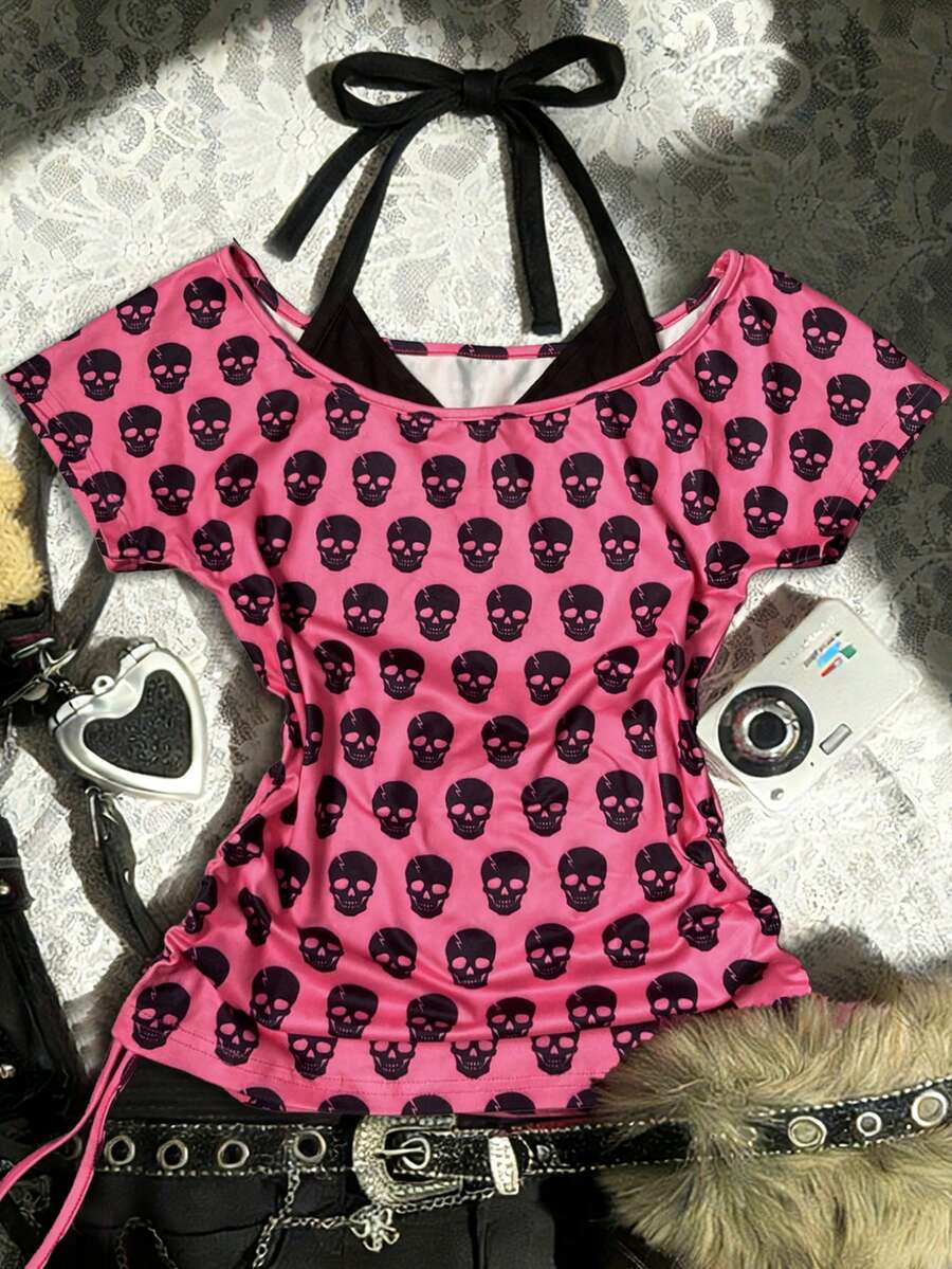 SHEIN Áo tay ngắn có dây rút in hình đầu lâu - Màu Hồng Tươi - Xem 1