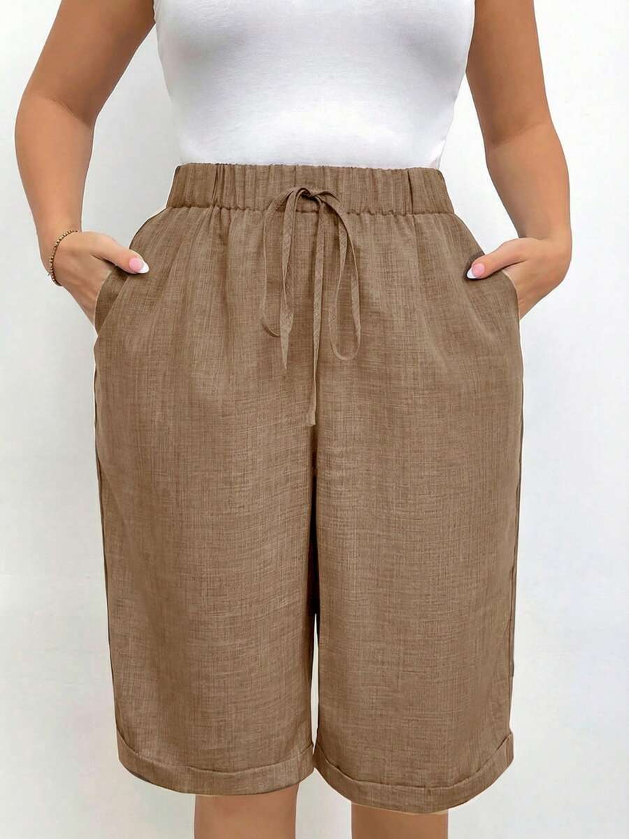 EMERY ROSE Quần short Bermuda nữ cỡ lớn, màu trơn, thắt eo, có túi. - Màu Khaki - Xem 1