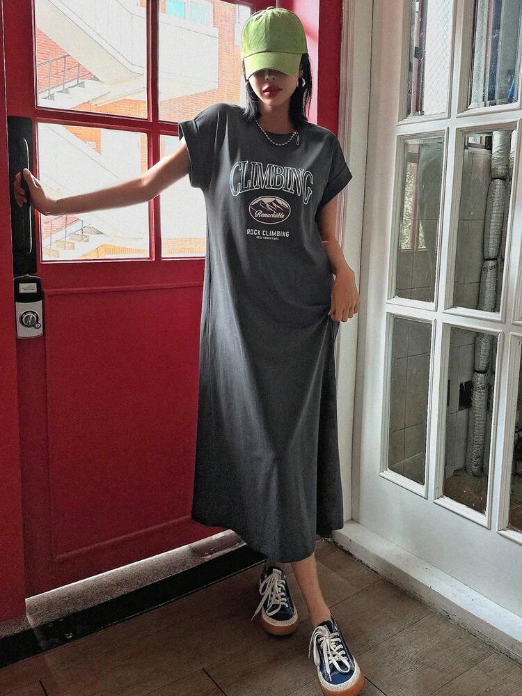 Long Sleeve Round Neck Letter Print Shoulder-Off Dress T Shirt Dress Summer Sundress,Casual Women Dresses Maxi Dress