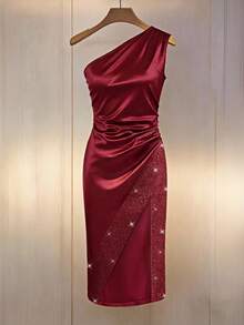 Franclia 女士性感优雅丝绒单肩褶皱收腰修身优雅日常通勤时尚法式街头复古百搭圣诞派对新年假日商务酒红色长袖连衣裙，秋冬款 - 酒紅色 - 查看 5