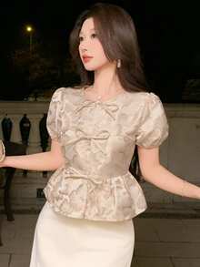 DAZY 春夏休闲优雅蝴蝶结系腰圆领女式衬衫，适合约会、婚礼、通勤等场合。 - 金色 - 查看 4