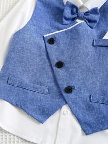 SHEIN 三件套男童绅士套装：蓝色松紧腰背心、斜襟长袖衬衫和领结，适合春夏穿着。 - 藍色 - 查看 7