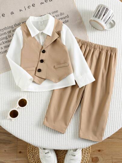 SHEIN 3件套男/女婴绅士风白色长袖衬衫、T恤、不对称翻领马甲和裤子套装，优雅的春夏装扮，适合生日派对、洗礼、周岁生日庆祝、正式场合、婚礼宾客、花童、戒指童等场合。