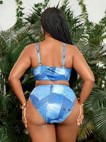 Slaydiva 2026 New Summer Beach Vacation Sexy Black Denim Effect Printed Plus Size Swimwear Set - Blue - View 5