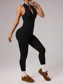 Dewbera 1pc Women's Seamless Front Zipper Mandarin Collar Racerback Sexy Backless Camisole & Cropped Jumpsuit For Running, Fitness, Yoga - Black - View 6