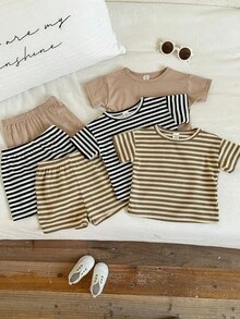 SHEIN 3件套男女宝宝短袖短裤睡衣套装，针织面料，适合室内外穿着 - 彩色 - 查看 3