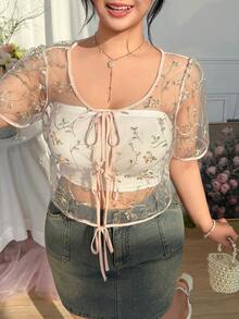 CovetEZ Große Größen Blumen Stickerei Transparentes Camisole Shirt, Frühling/Sommer - Verschiedenfarbig - Übersicht 3
