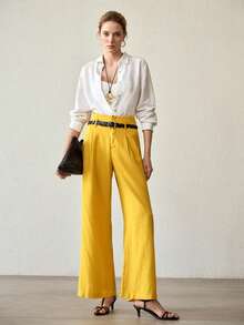 MOTF PREMIUM WOMEN'S YELLOW LINEN BASIC ELEGANT WIDE LEG PANTS, SUITABLE FOR COMMUTING - Yellow - View 1