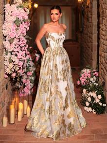 Glamrae Elegant Luxury Jacquard Satin Cold-Shoulder Strapless Boned Bodycon High Slit Maxi Dress, Suitable For Festivals, Weddings, Galas, Concerts, Business Events, Influencer Occasions - Multicolor - View 4