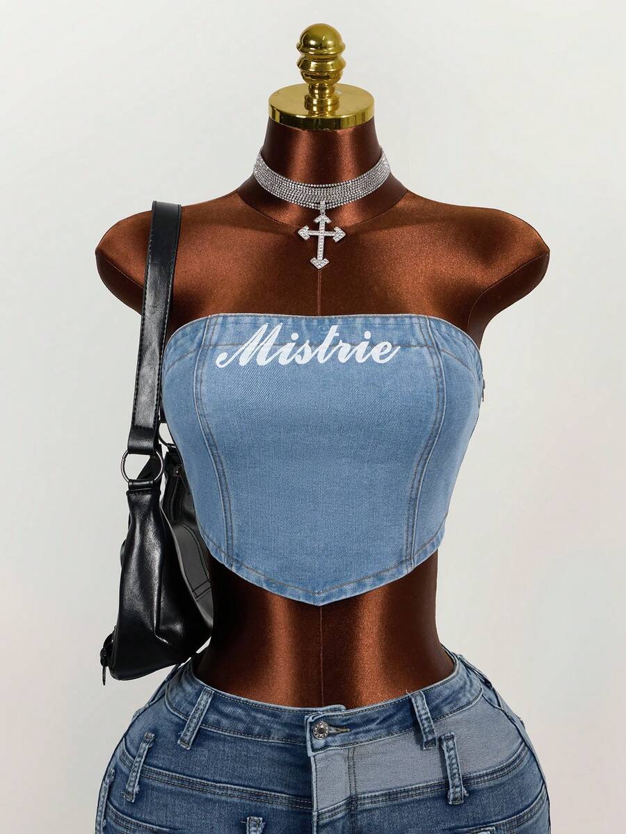 Women's Fashionable Street Letter Graphic Cropped Denim Camisole Top, Summer - Blue - View 1