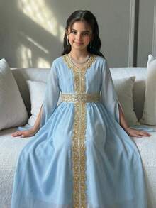 SHEIN 少女纯色圆领休闲连衣裙 - 藍色 - 查看 4
