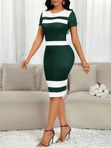 SHEIN Lady 春夏优雅女式连衣裙 婚礼宾客礼服 女士婚礼生日礼服 女士夏季服装 女士度假夏季连衣裙 短袖黑粉条纹设计图案连衣裙 - 墨綠色 - 查看 6