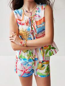 Soleia Women's Vacation Sun Face Print Tie Front Sleeveless Top And Shorts Casual 2 Pieces Set - Multicolor - View 2