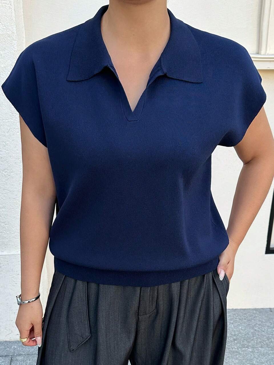 Dazy Plus Plus Size Solid Color Turndown Collar Casual Versatile Cap Sleeve Knit Top Summer