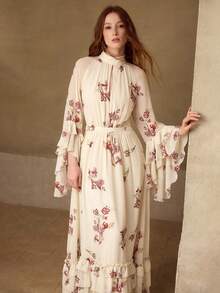 MOTF PREMIUM WOMEN'S FLORAL PRINT LAYERED RUFFLE HEM MID-LENGTH SLEEVE MOCK NECK MIDI DRESS, SPRING/SUMMER - Apricot - View 5