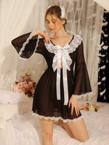 DelicateAllure 性感蕾丝雪纺喇叭袖女士睡裙 - 黑色 - 查看 4