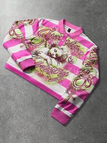 ROMWE MEN Street Life Men's Letter & Stripe Print Long Sleeve Casual Polo Neck Pullover Sweatshirt - Multicolor - View 1