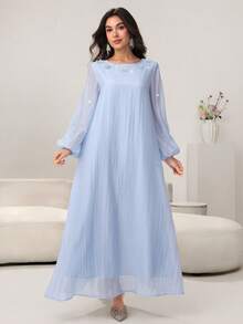 Al Najma Abito elegante e romantico con scollo tondo, maniche a lanterna, decorato con perle e fiori 3D, con gonna ampia, adatto per la primavera/estate - Blu - Visualizzare 7