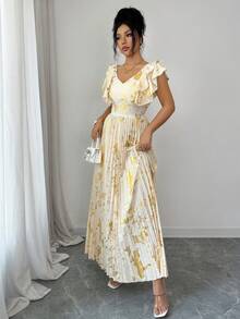 Elenzga Elegant Romantic V-Neck Ruffle Waist A-Line Dress For Women, Spring/Summer - Apricot - View 3