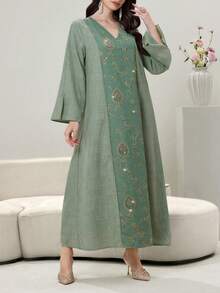 Al Najma Elegant Green Patchwork Embroidered Sequin Loose V-Neck Long Sleeve A-Line Holiday Dress - Green - View 4