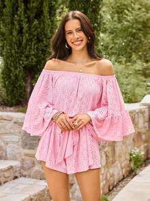 KARISMINA Women's Solid Color Knit Lantern Sleeve Off-Shoulder Jumpsuit, Suitable For Spring/Summer Vacation - Pink - View 4